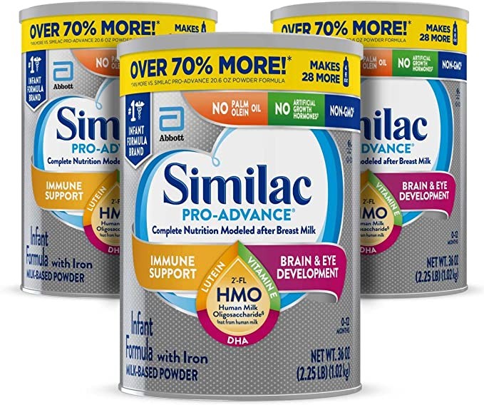 Abbott Similac Pro-Advance Non-GMO Infant Milk Powder, Iron Free with 2'-FL HMO for Body Support, 36 oz, 1.02 kg, 3 Cans (Monthly Supply)